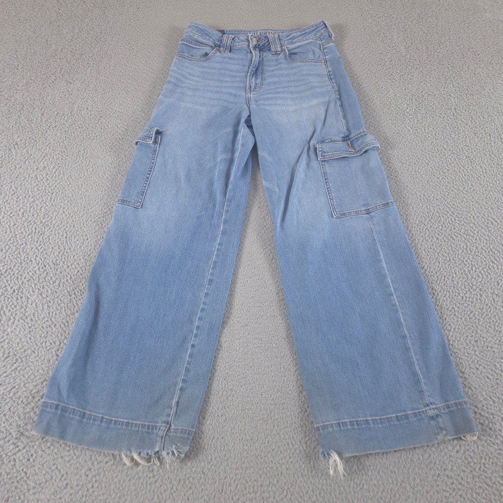 American Eagle Jeans Womens 4 Super High Rise Baggy Wide Leg Cargo Stretch Denim